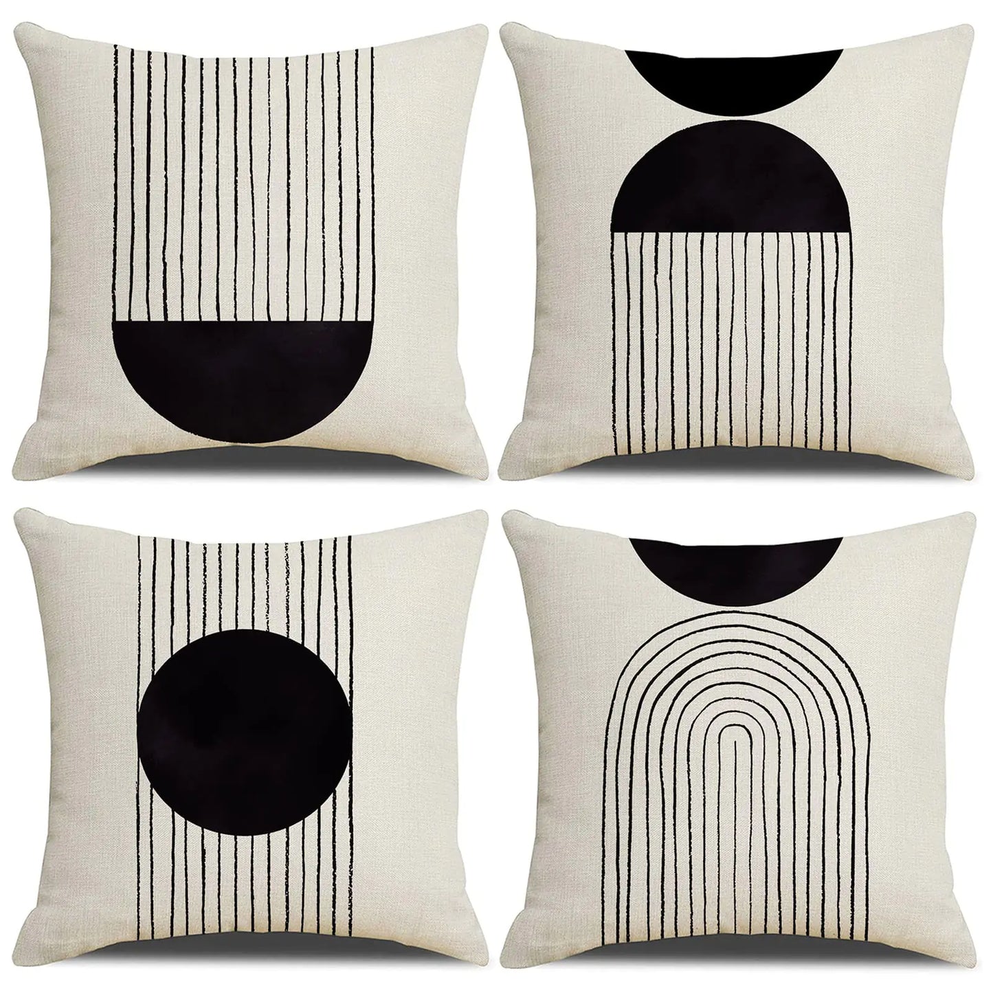 IcosaMro Black and White Throw Pillow Covers 18x18 Set of 4 Cotton Linen Boho Black and Beige Throw Pillow Cases Mid Century Modern Arch Sun Decor Decorative Bohemian Cushion Case with Zipper