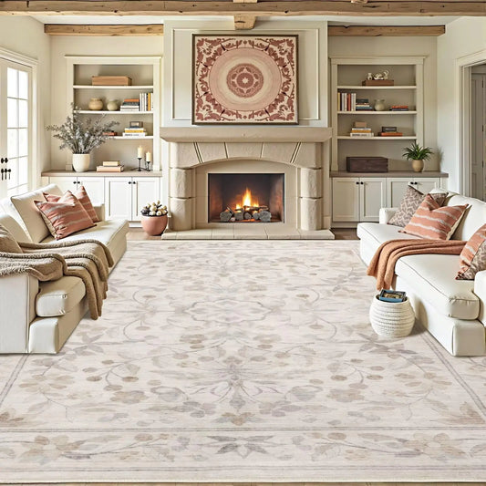 Area Rugs 8x10 for Living Room Ultra-Thin Beige Vintage Large Floral Washable Rug Soft Non-Slip Backing Floor Mat Carpet Indoor Thin Rug for Bedroom Dining Room Playroom Office Home Decor