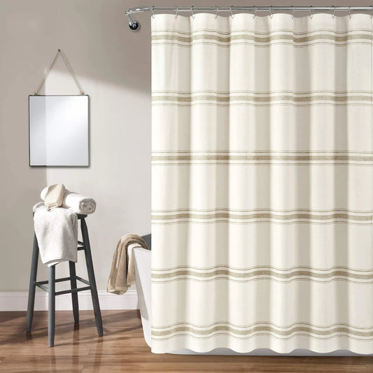 Lush Decor Farmhouse Stripe Cotton Shower Curtain 72" W x 72" L Neutral - Classic Modern Rustic Charm Bathroom Decor