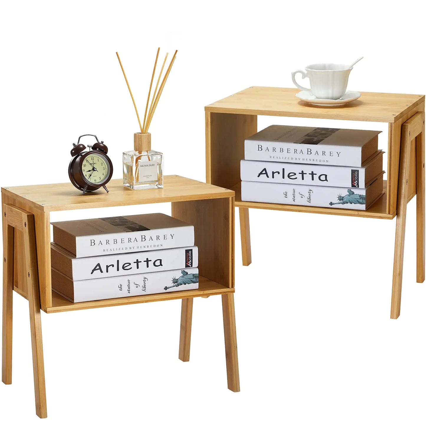 Pipishell Bamboo Stackable End Tables Wood Living Room Nightstand Bedside Tables for Bedroom Storage Set of 2