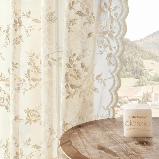 SEEKRIGHT Beige Lace Curtains 84 Inches Long Victorian Floral Sheer Curtains for Living Room Bedroom Decor Drapes Rod Pocket Light Filtering French Window Curtains 2 Panels Set for Dining Room 52x84