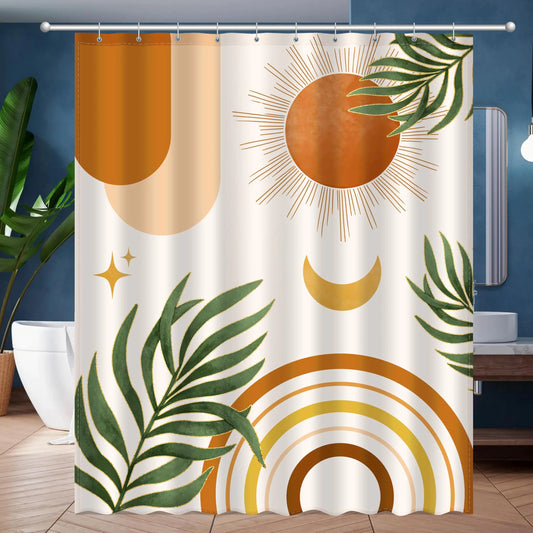 JWXCBIM Boho Mid Century Shower Curtain 60" Wx72 L Bohemian Orange Minimalist Simple Aesthetic Modern Bathroom Decor Colorful Rainbow Sun Moon Natural Botanical Leaves Fabric Cloth Bath Curtain