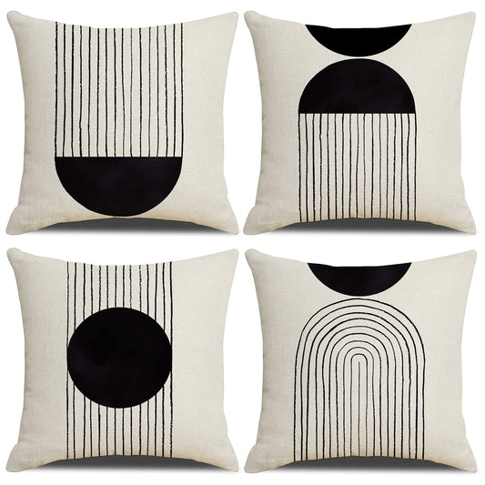 IcosaMro Black and White Throw Pillow Covers 18x18 Set of 4 Cotton Linen Boho Black and Beige Throw Pillow Cases Mid Century Modern Arch Sun Decor Decorative Bohemian Cushion Case with Zipper