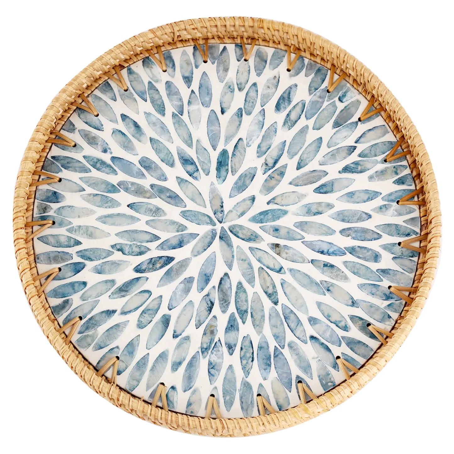 Tynulox Round Rattan Tray with Mother of Pearl Inlay Rattan Serving Tray for Coffee Bread Fruits Decorative Wicker Tray for Table Decor Home Decor Kitchen Island Decor (Light Blue Leaf 11.8")