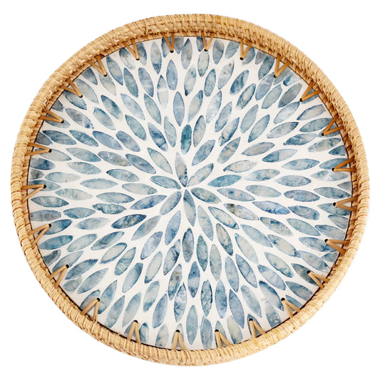 Tynulox Round Rattan Tray with Mother of Pearl Inlay Rattan Serving Tray for Coffee Bread Fruits Decorative Wicker Tray for Table Decor Home Decor Kitchen Island Decor (Light Blue Leaf 11.8")
