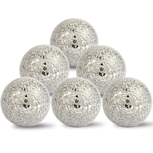 Hiziwimi 6Pcs Decorative Ball for Bowls 8cm/3.15inch Mosaic Glass Centerpiece Decoration Balls Mirror Glass Ball Fillers for Home Decor Dining Tables Wedding Party (Sliver)