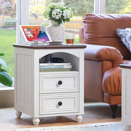 RWYHG 18" Farmhouse Night Stand with Charging Station White Wood Nightstand with 2 Drawers Bedside End Table with Shelf Storage Bed Side Tables Cabinet Dresser for Bedroom Living Room and Closet