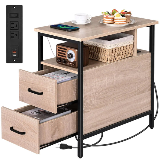 Livofloral Side Tables with Charging Station Narrow End Table with 2 Wooden Drawers USB Ports and Power Outlets Narrow Nightstand and Bedside Table Side Tables Living Room Bedroom Greige