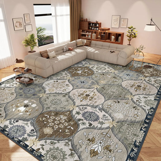 IKALIFE Vintage Washable Rug 9x12 - Machine Washable Floral Area Rugs with Non Slip Backing for Living Room Bedroom Dining Room Stain Resistant Home Office Decor Soft Low-Pile Carpet Brown