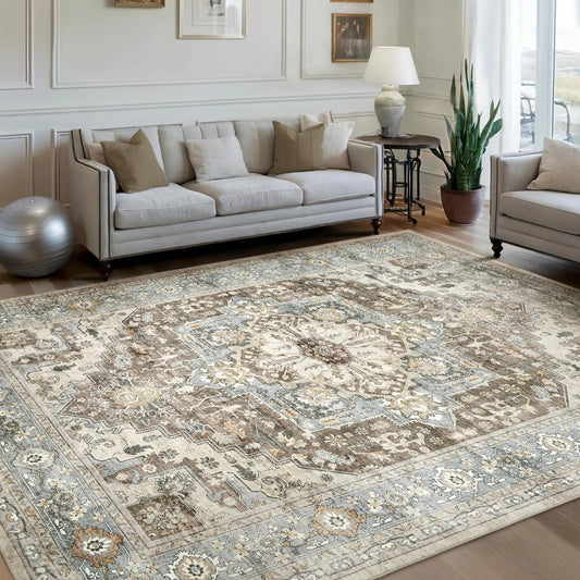 AUKOW Area Rug for Living Room 9x12Large Machine Washable Vintage Oriental Soft Carpet Low Pile Thin Rugs with Non Slip Backing for BedroomDormUnder Dining Room Table，Indoor HouseOffice Decor