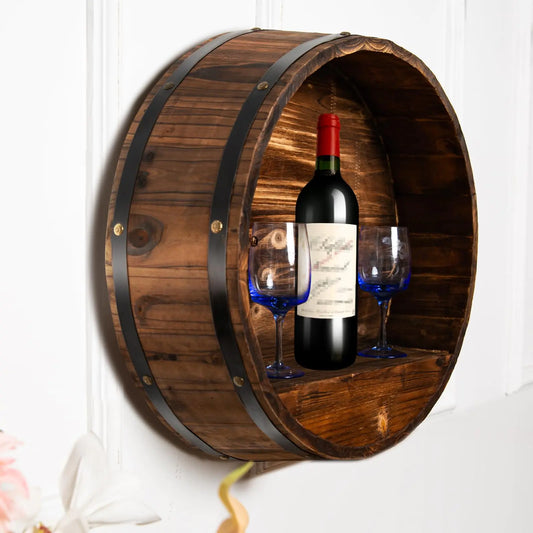 HamRoRung Whiskey Barrel Decor Bourbon Whiskey Barrel Shelf Wall Mount Wine Rack Oak Barrel Wine Bottle Holder Rustic Wine Rack Wood for Vintage Wine Bar and Home Décor (Small)