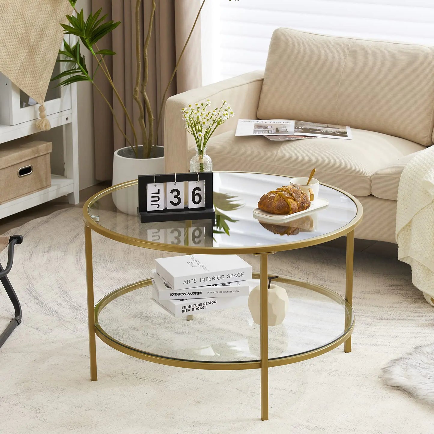 VINGLI Glass Coffee Table 30" Round Champagne Gold Coffee Tables for Living Room2-Tier Glass Top Coffee Table with Storage Clear Coffee TableSimple & Modern Center Table Mesa de Centro para Sala