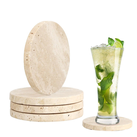 ELLDOO 4Pcs Natural Travertine Drink Coasters 4inch Diameter Round Marble Coaster for Drinks Cup Coaster Set for Coffee Table Dining Table Centerpiece Decor Modern Home Decor