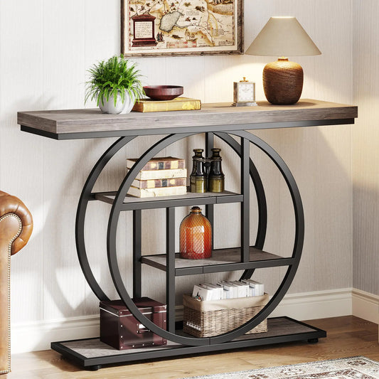 Tribesigns 41.3" Console Table Industrial 4-Tier Sofa Table Entryway Table with Circle Base Narrow Wood Accent Tables with Storage Shelves for Living Room Hallway Foyer Gray