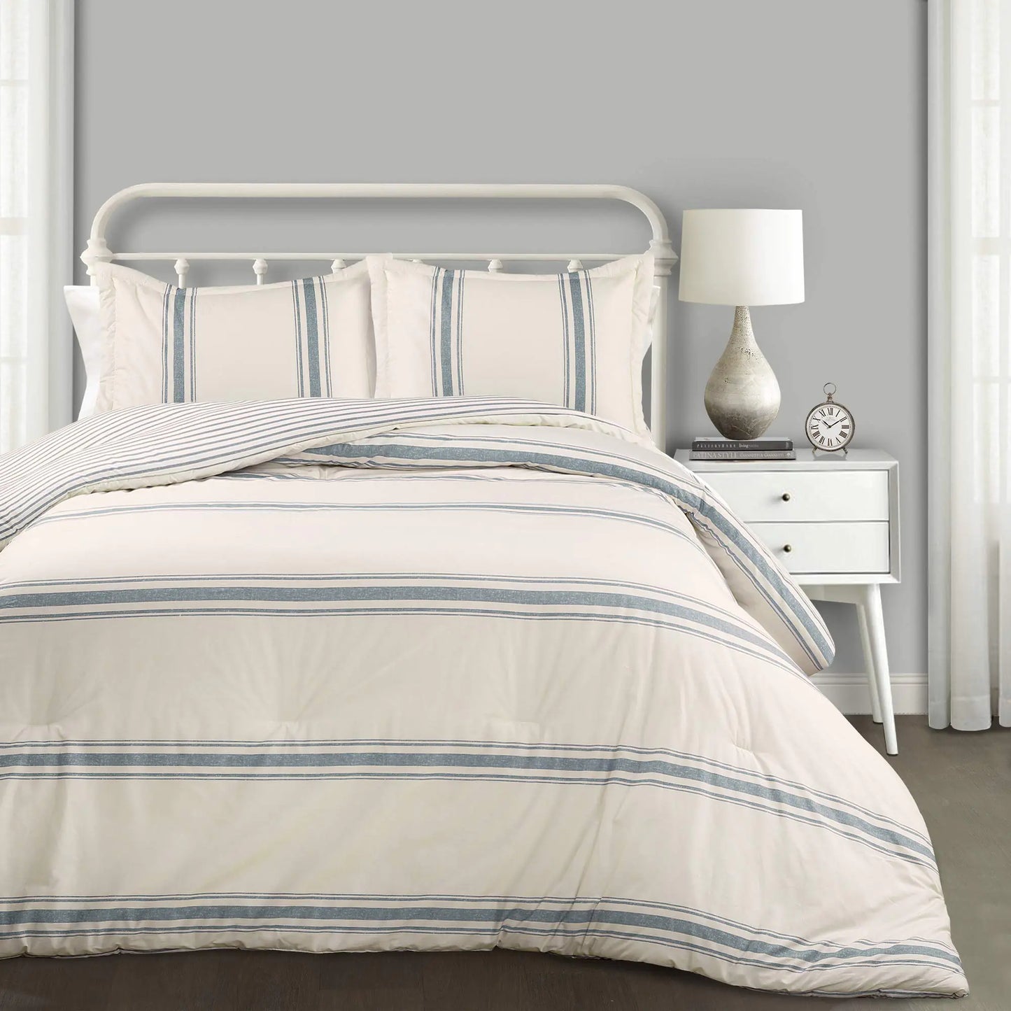 Lush Decor Farmhouse Stripe Reversible Cotton Comforter Set 3 Piece Set Full/ Queen Blue - Cozy Farmhouse Bedding Set - Rustic Decor - Striped Comforter - Modern Farmhouse Bedroom Decor