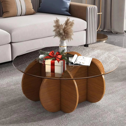 Glass Coffee Tables for Living Room Modern Elegant Round Coffee Table Mid Century Farmhouse Center Table with Solid Wood Frame and Tempered Glass Tabletop Easy Assembly31.5