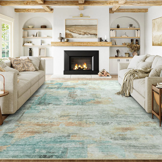 WondRg 9x12 Washable Area Rug Teal Beige Abstract Modern Living Room Bedroom Large Throw Rug Non Slip Soft Thin Simple Indoor Floor Carpet for Dining Room Office Entryway Kitchen Nursery Decor