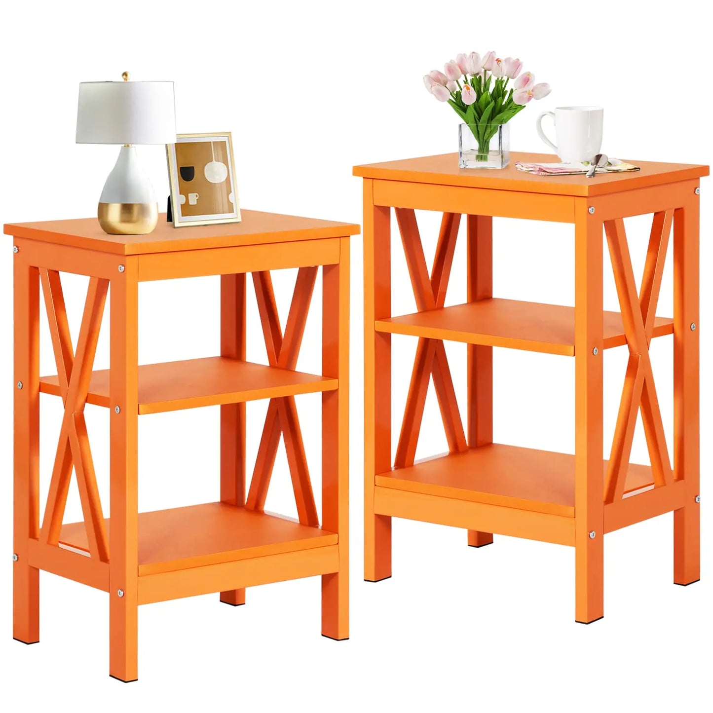 VECELO Nightstands Side/End Table with Storage Shelf Nightstands for Childrens Room Living Room Bedroom Set of 2 Shelves Orange