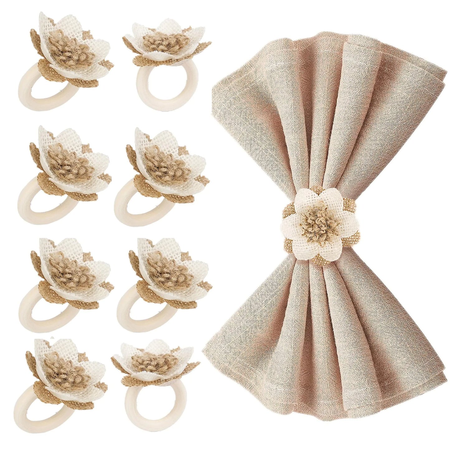 Boho Burlap Napkin Rings Set of 6 Farmhouse Fall Wedding Thanksgiving Table Decor Gift 2.4inch Flower 1.2 Inch Ring Eco-Friendly Jute Handmade Rustic Natural Flower Napkin Holders