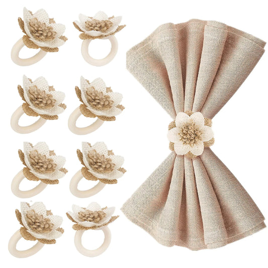 Boho Burlap Napkin Rings Set of 6 Farmhouse Fall Wedding Thanksgiving Table Decor Gift 2.4inch Flower 1.2 Inch Ring Eco-Friendly Jute Handmade Rustic Natural Flower Napkin Holders