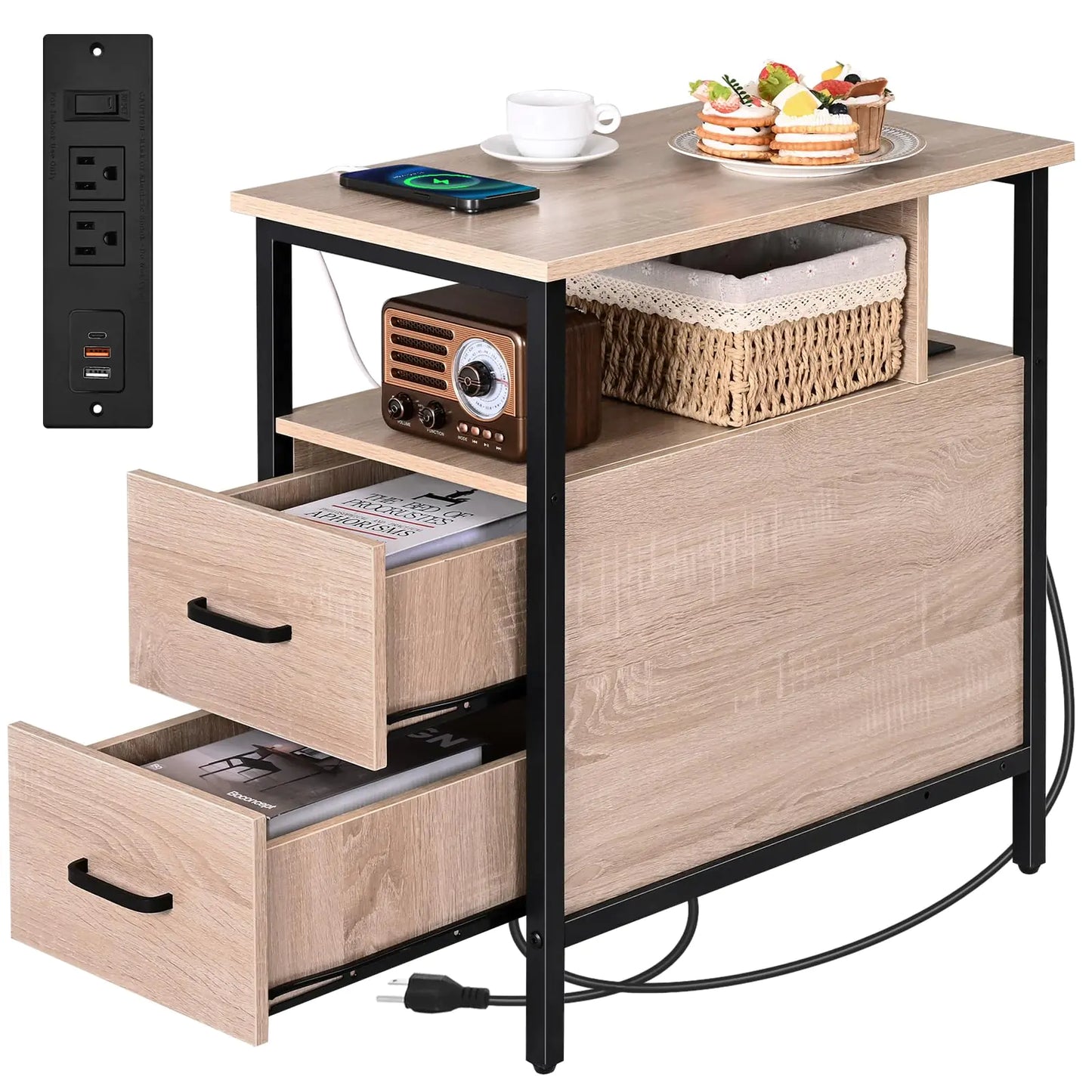 Livofloral Side Tables with Charging Station Narrow End Table with 2 Wooden Drawers USB Ports and Power Outlets Narrow Nightstand and Bedside Table Side Tables Living Room Bedroom Greige