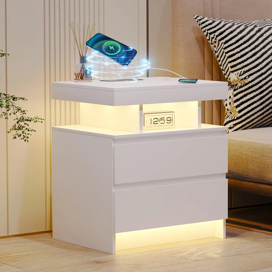 dnbss Nightstand with Charging Station Auto LED Lighting Bedside Tables with 2 Large Drawers Night Stand with 3-Color Lights & Adjustable Brightness for Bedroom (White)
