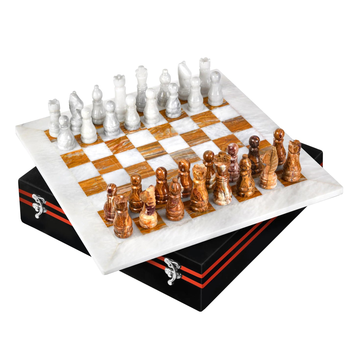 UMAID Handmade Marble Chess Set Board Game with Luxury Velvet Gift Box - 12” Elegant White & Brown Onyx Marble Chess Board Unique Chess Sets for Adults and Marble Home Decor
