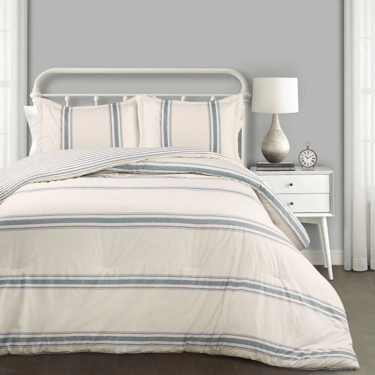 Lush Decor Farmhouse Stripe Reversible Cotton Comforter Set 3 Piece Set Full/ Queen Blue - Cozy Farmhouse Bedding Set - Rustic Decor - Striped Comforter - Modern Farmhouse Bedroom Decor