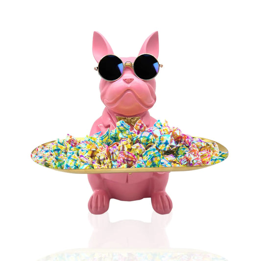 Huhote Bulldog Tray Statue Sitting Bulldog Candy Dish Key Holder Bowl Bulldog Accessories Resin Statues for Office Desk Home Decor Figurines Entryway Table Decor (Pink)