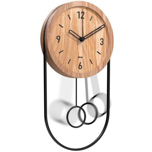 Driini Decorative Wall Clock with Pendulum (Light) – Modern Wood; 3D Black Numbers; Metal Frame – Small Unique Wall Clocks for Living Room Decor or Bathroom - Battery Operated Silent Non-Ticking