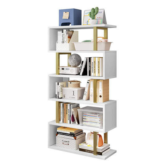 SORCEDAS Bookshelf Geometric Bookcase S Shaped Industrial Bookshelf Storage Display Stand Shelf for Living Room Bedroom and Office Room (White 5 Tier)