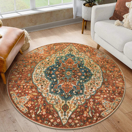 Sivilife Oriental Floral 4ft Round Rugs for Living Room Washable Non-Slip Circle Rug for Bedroom Soft Vintage Boho Accent Throw Rug Non Shedding Indoor Coffee Table Mat for Entrance Office Decor