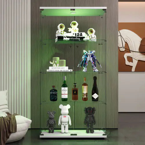 Double Door LED Light Glass Display Case, Floor To Ceiling Rare Bookcase, Suitable For Living Room Bedroom Office