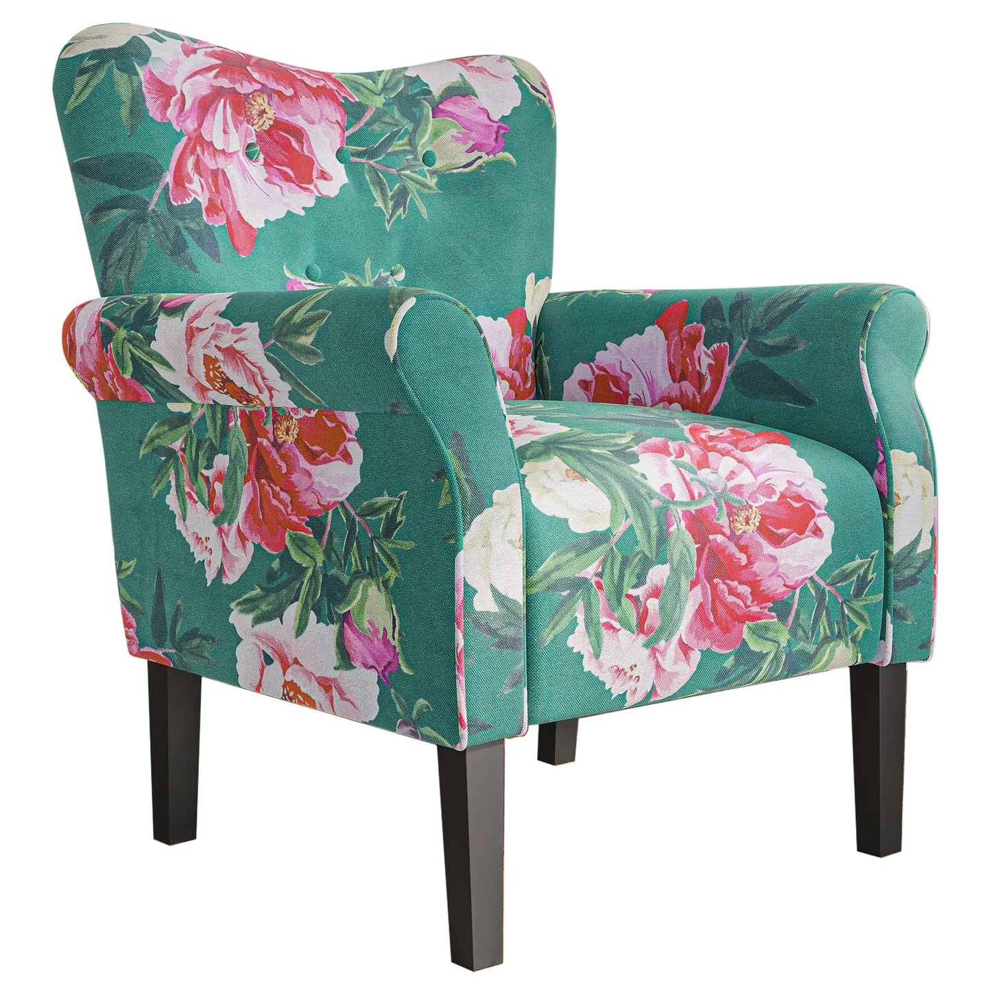 BELLEZE Modern Accent Chair for Living Room High Back Linen Armchair with Wooden Legs Upholstered Wingback Side Chair Padded Armrest Single Sofa for Living Room Bedroom - Allston (Green & Flower)