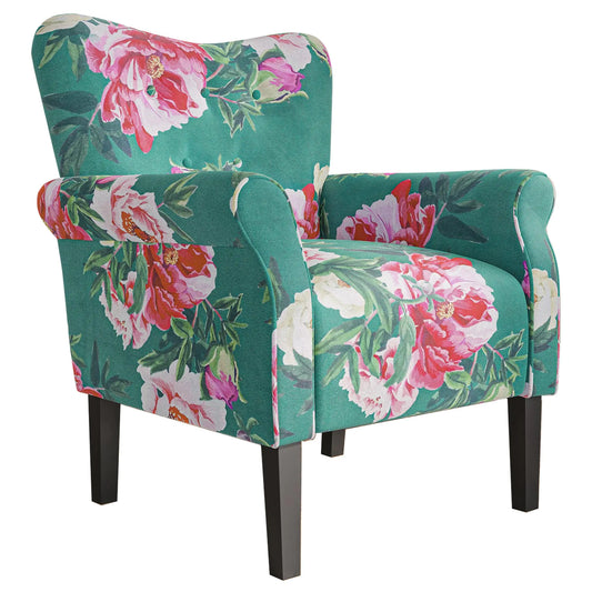 BELLEZE Modern Accent Chair for Living Room High Back Linen Armchair with Wooden Legs Upholstered Wingback Side Chair Padded Armrest Single Sofa for Living Room Bedroom - Allston (Green & Flower)