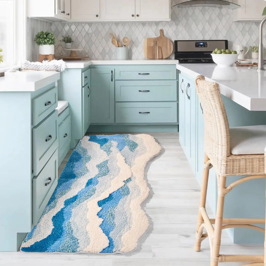 DyeFury Large Ocean Sea Wave Rug 60"x30" Beach Themed Room Decor Aesthetic Beachy Decor for Bedroom Nursery Kitchen Washable Blue Area Rug for Summer Room Nautical Coastal Room Decor