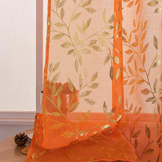 Sutuo Home Sheer Curtains for Bedroom Nursery Room 63 Inch Length 2 Panels Set Gold Foil Print Metallic Bronzing Leaves Privacy Window Treatment Decor Golden Drape Pair 52" W x 63" LOrange