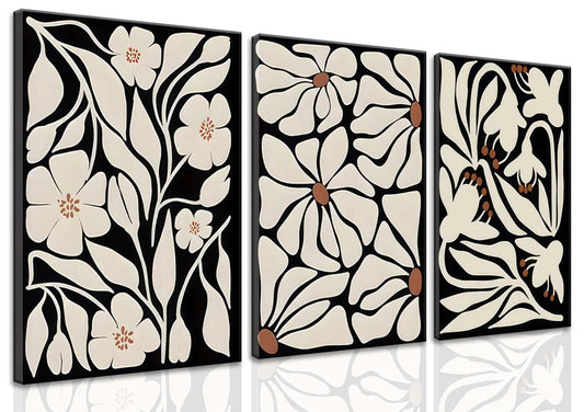 ZQARTZZQ Abstract Boho Black Flowers Plant Wall Art Framed Canvas Set of 3 Vintage Botanical Neutral Floral Artwork Black and White Prints for Wall Decor Aesthetic Picture Painting 16x24in
