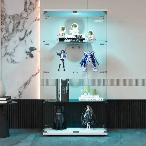 Double Door LED Light Glass Display Case, Floor To Ceiling Rare Bookcase, Suitable For Living Room Bedroom Office